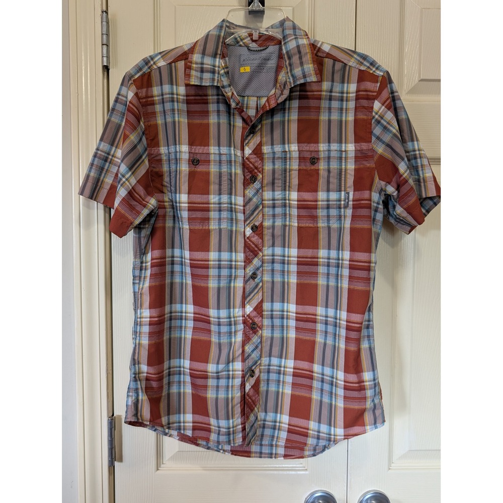 Eddie Bauer Mens Classic Plaid Short Sleeve Button Up Shirt Rust Blue Medium